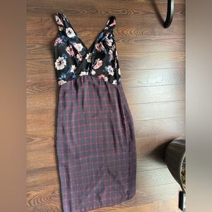 Zara Black Floral and Red Check Midi Dress